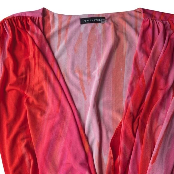 Natori Red Pink Watercolor Ruched Sheath Dress V-Neck Sleeveless Cocktail Small - Picture 2 of 10